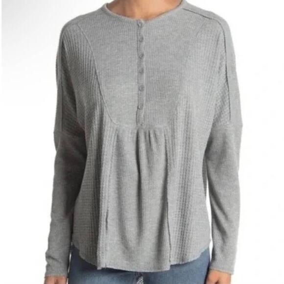 Gibson Look  Gray Dolman Mixed Rib Waffle Knit Henley Top - S - Picture 1 of 6
